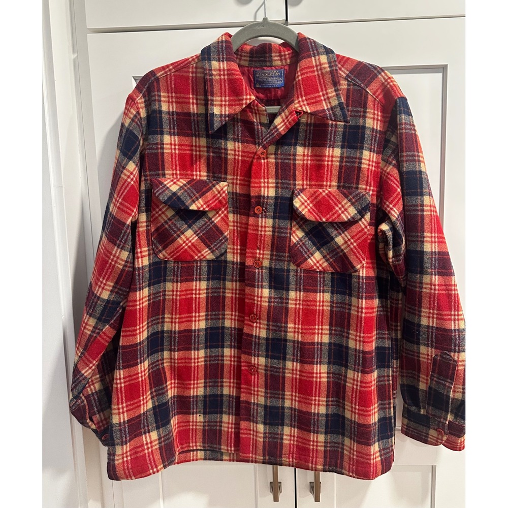 Vintage Pendleton Wool Flannel Shirt Mens Large Red Blue Plaid Made in USA